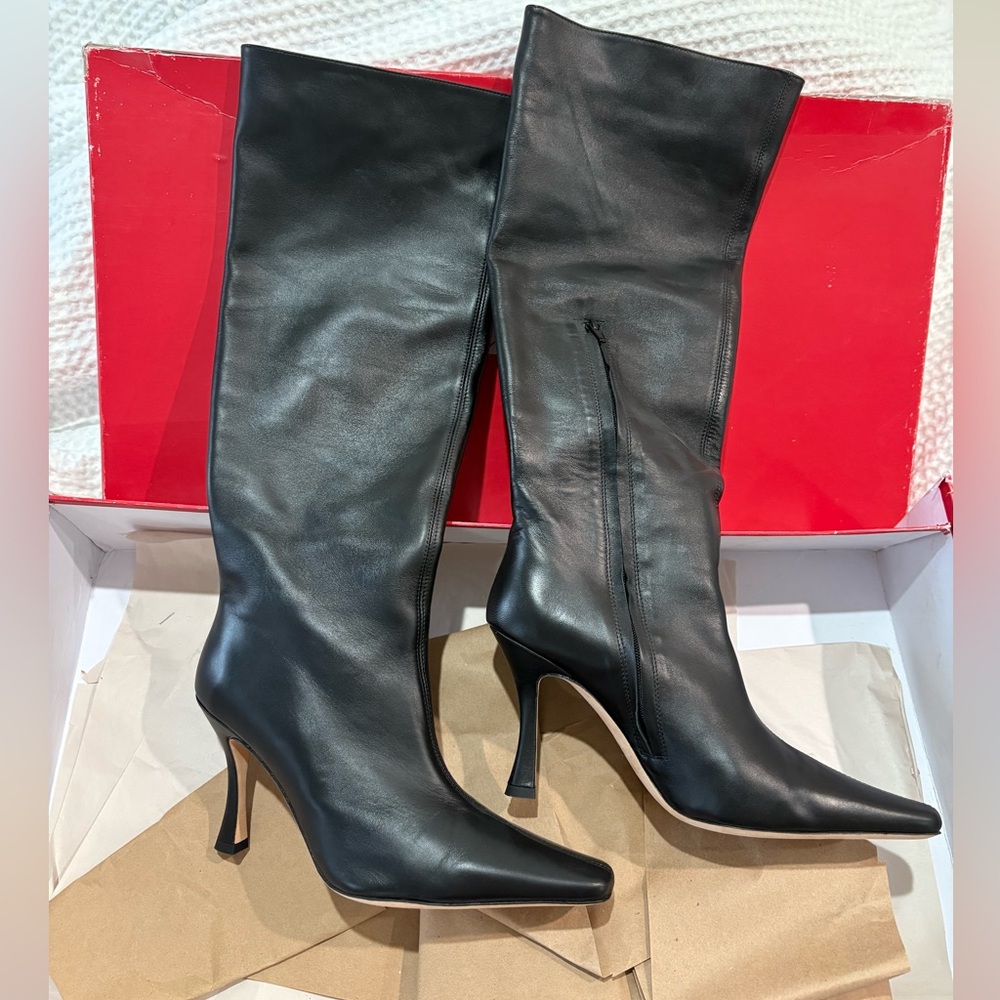 STAUD Black Women's real leather Boots 41 knee high boots square pointy toe